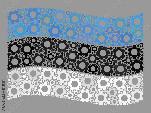 Mosaic waving Estonia flag designed with control center icons. Vector cog wheel mosaic waving Estonia flag created for development advertisement.