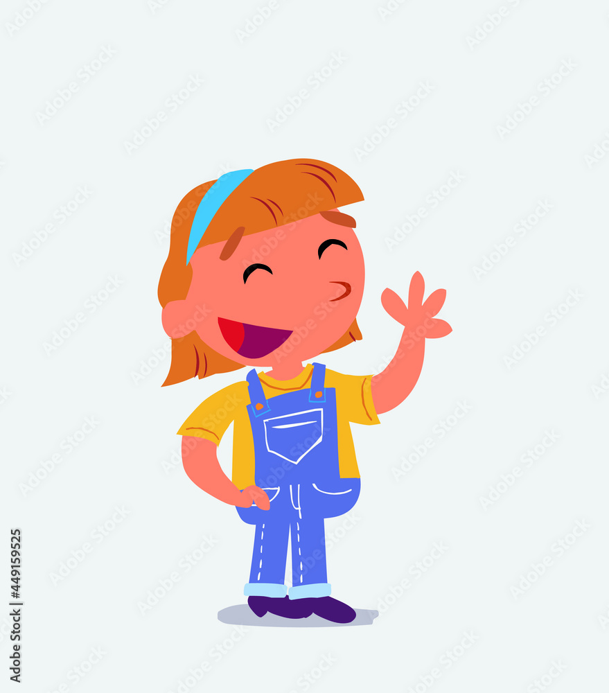 cartoon character of little girl on jeans waving informally while smiling. cartoon character of little girl on jeans waving informally while smiling.