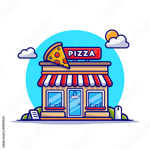 Pizza Shop Cartoon Vector Icon Illustration. Food Building Icon Concept Isolated Premium Vector. Flat Cartoon Style