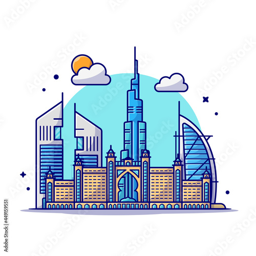 City Dubai Skyline Cartoon Vector Icon Illustration. Building Landmark Icon Concept Isolated Premium Vector. Flat Cartoon Style
