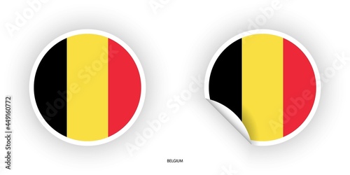Belgium sticker flag icon set in circle shape and in circle with peel off at the corner on white background.