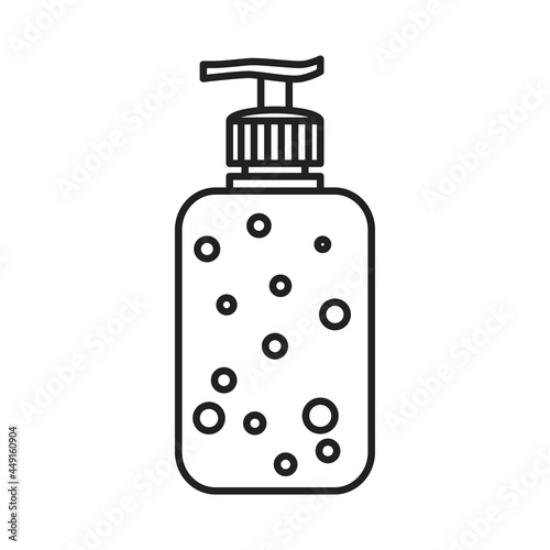 The liquid soap icon. The outline of a bottle with an antiseptic agent and a dosing pump. Vector illustration isolated on a white background for design and web.