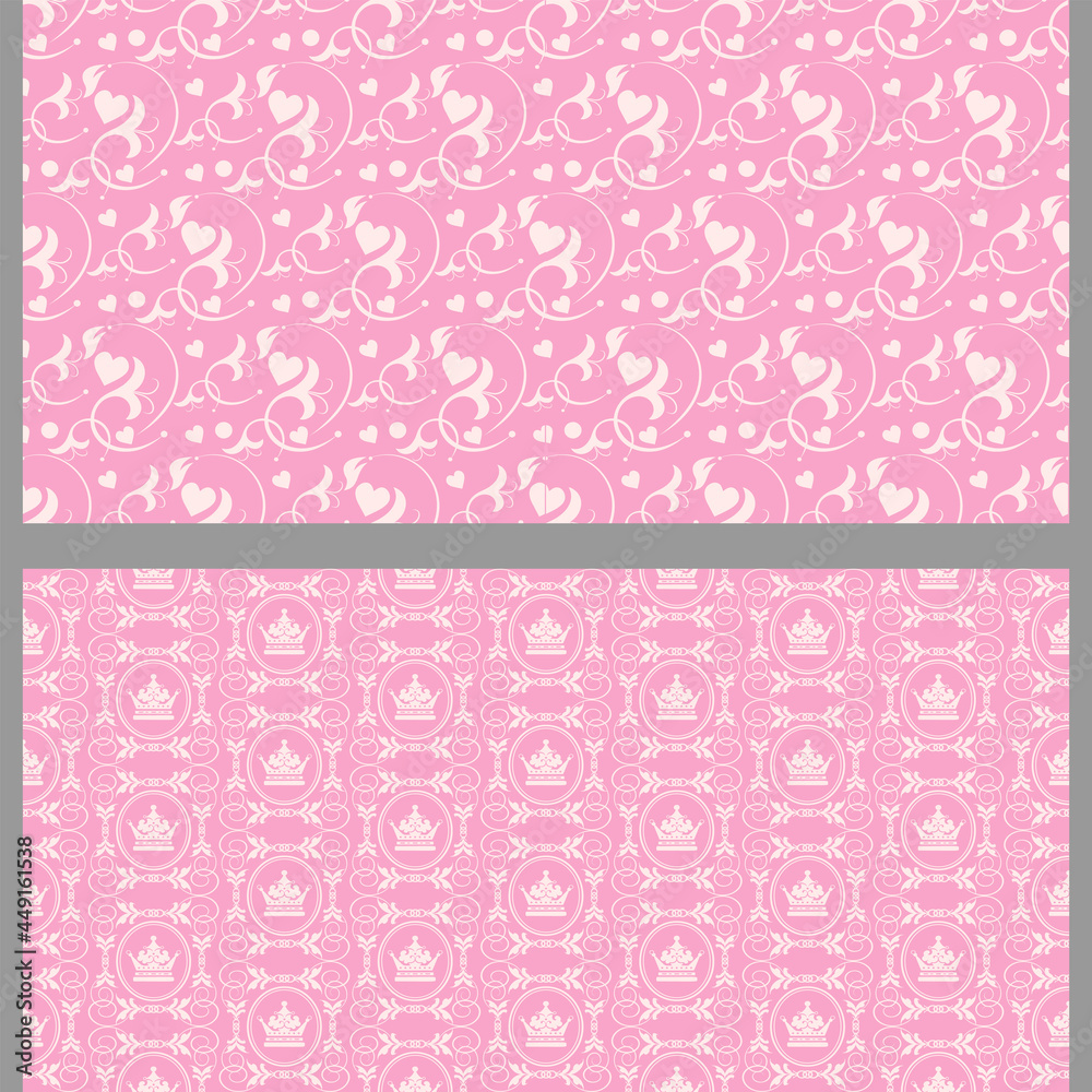 Beautiful background patterns with decorative elements. Set. Colors used: pink, white. Seamless pattern, texture. Vector image