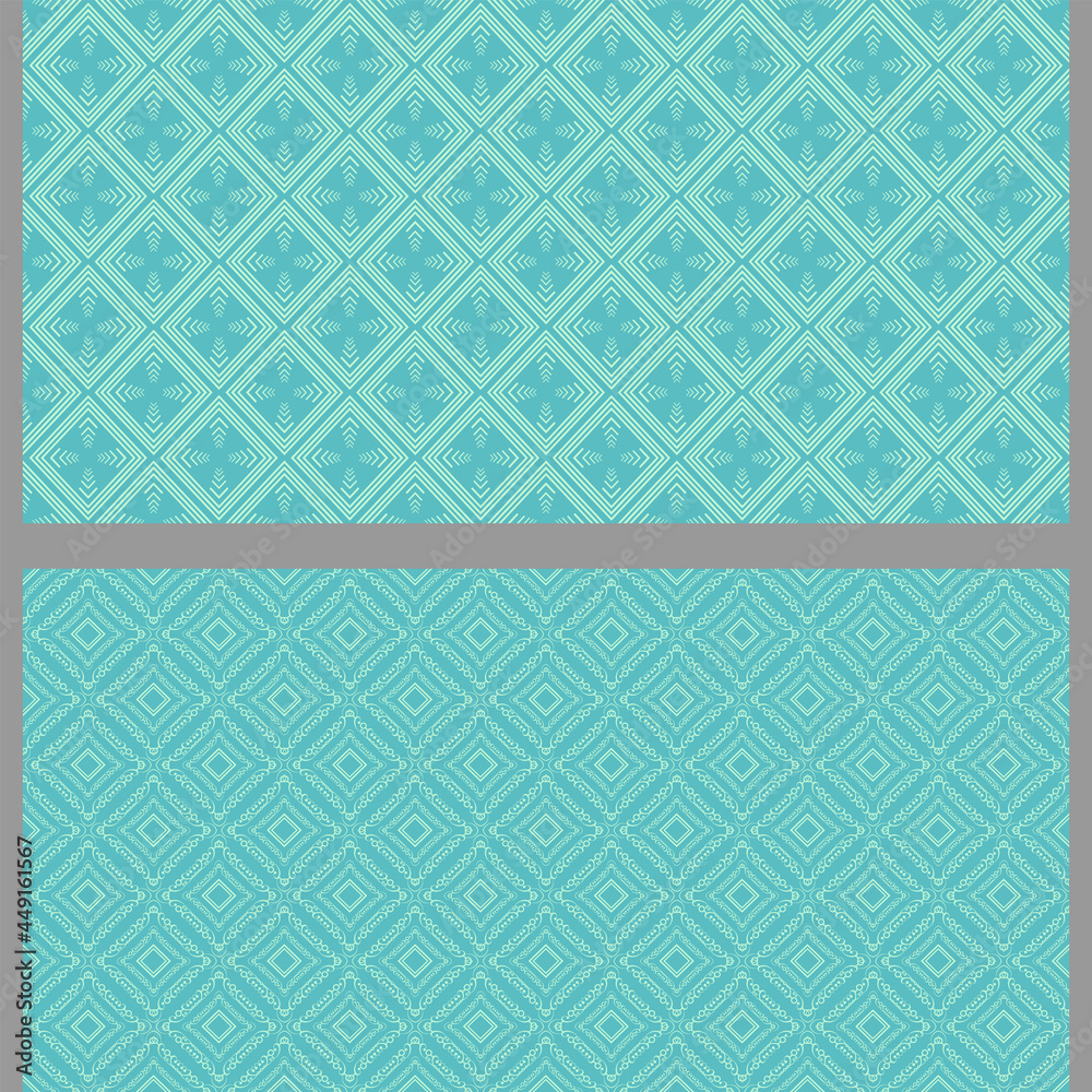 Background patterns with geometric elements. Set. Used colors: green shades. Seamless pattern, texture. Vector image