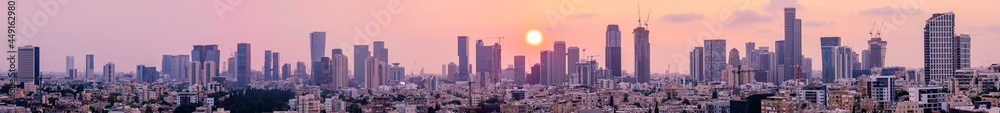 Tel Aviv Skyline At Sunset,  Tel Aviv Cityscape Large Panorama At Sunset Time, Israel