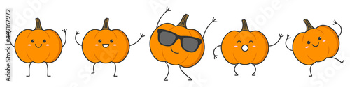 Set pumpkins character cartoon dancing smiling face vegetable gourd happy emotions icon logo vector illustration.