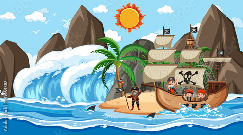 Beach with Pirate ship at daytime scene in cartoon style