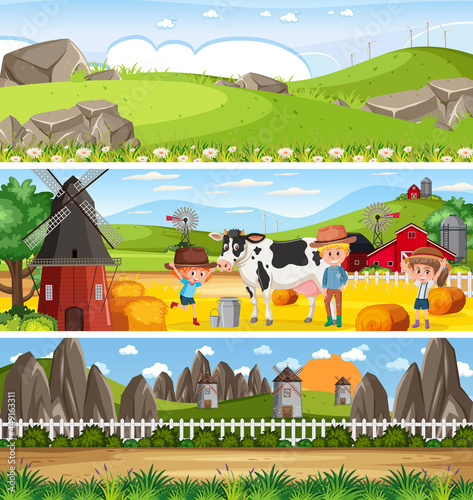 Different nature landscape at daytime scene with cartoon character