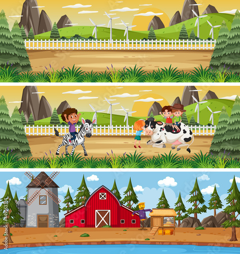 Different nature landscape at daytime scene with cartoon character