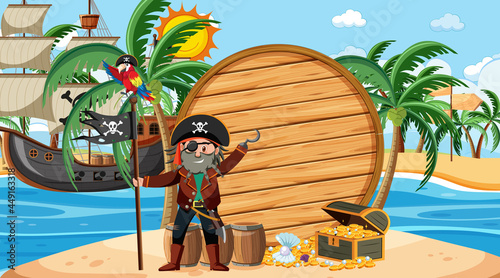 Empty wooden banner template with pirate captain at the beach daytime scene