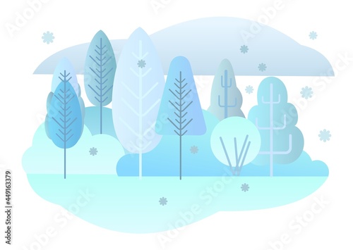 Winter forest landscape. Flat style symbolic illustration. Scenery with trees, shrubs and snowdrifts. Rural wildlife. Countryside view with frost. Beautiful art picture. Isolated on white. Vector