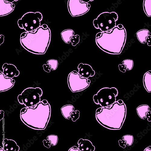 Dog seamless pattern, Puppy and heart on black background.	