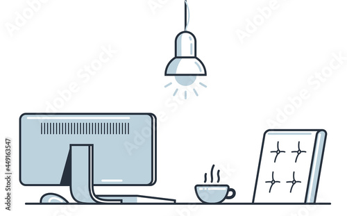 Place of work office table desk vector flat illustration isolated over white, work from home comfortable work space concept, empty chair nobody vacant job concept.