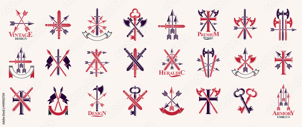 Weapon emblems vector emblems big set, heraldic design elements collection, classic style heraldry armory symbols, antique knives armory arsenal compositions. Weapon emblems vector emblems big set, heraldic design elements collection, classic style heraldry armory symbols, antique knives armory arsenal compositions.
