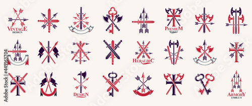 Weapon emblems vector emblems big set, heraldic design elements collection, classic style heraldry armory symbols, antique knives armory arsenal compositions. photo
