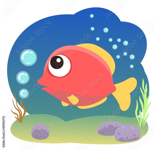 Tropical red fish. Little landscape. Underwater life. Wild animals. Ocean, sea. Summer water. Isolated on white background. Illustration in cartoon style. Flat design. Vector art