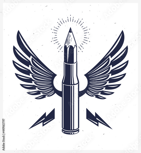 Idea is a weapon concept, weapon of a designer or artist allegory shown as a winged firearm cartridge case with pencil instead of bullet, creative power, vector logo or icon.