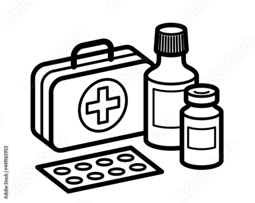 Medicine first aid medical kit theme pills and bottles 3d vector illustration isolated, medicaments and drugs, health care meds cartoon, vitamins or antibiotics, simple linear design.