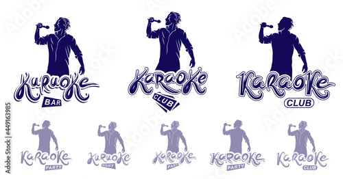 Karaoke party or club logos and emblems with singer superstar silhouette vector set isolated, singing music nightlife entertainment weekend theme.
