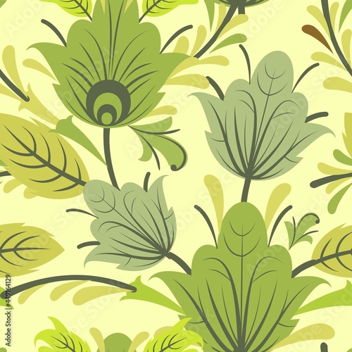 Fototapeta Naklejka Na Ścianę i Meble -  Green vegetable seamless pattern. Beautiful ornament with interlacing branches and flowers. Summer. Flatly symbolic style. Background illustration. Country wild herbs. Vector