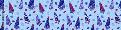 Hygge Christmas Tree Vector Seamless Pattern with Present Box and Snowflakes. Blue Winter Holiday repeated illustration for New Year design, x-mas banner, hygge poster, sticker. EPS10