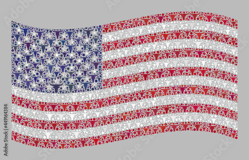 Mosaic cattle waving USA flag designed with cow elements. Vector mosaic waving USA flag done for agriculture wallpapers. USA flag collage is designed with scattered livestock heads.