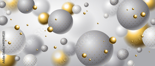 Abstract dotted spheres vector background, composition of flying balls decorated with dots, 3D mixed realistic globes, realistic depth of field effect.