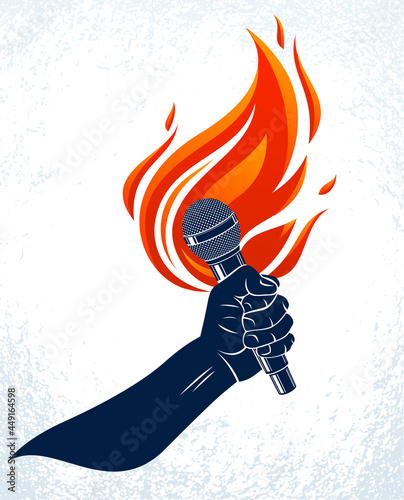 Microphone in hand on fire, hot mic in flames live show, rap battle rhymes music, concert festival or night club label, karaoke singing or standup comedy, vector logo, t-shirt print.