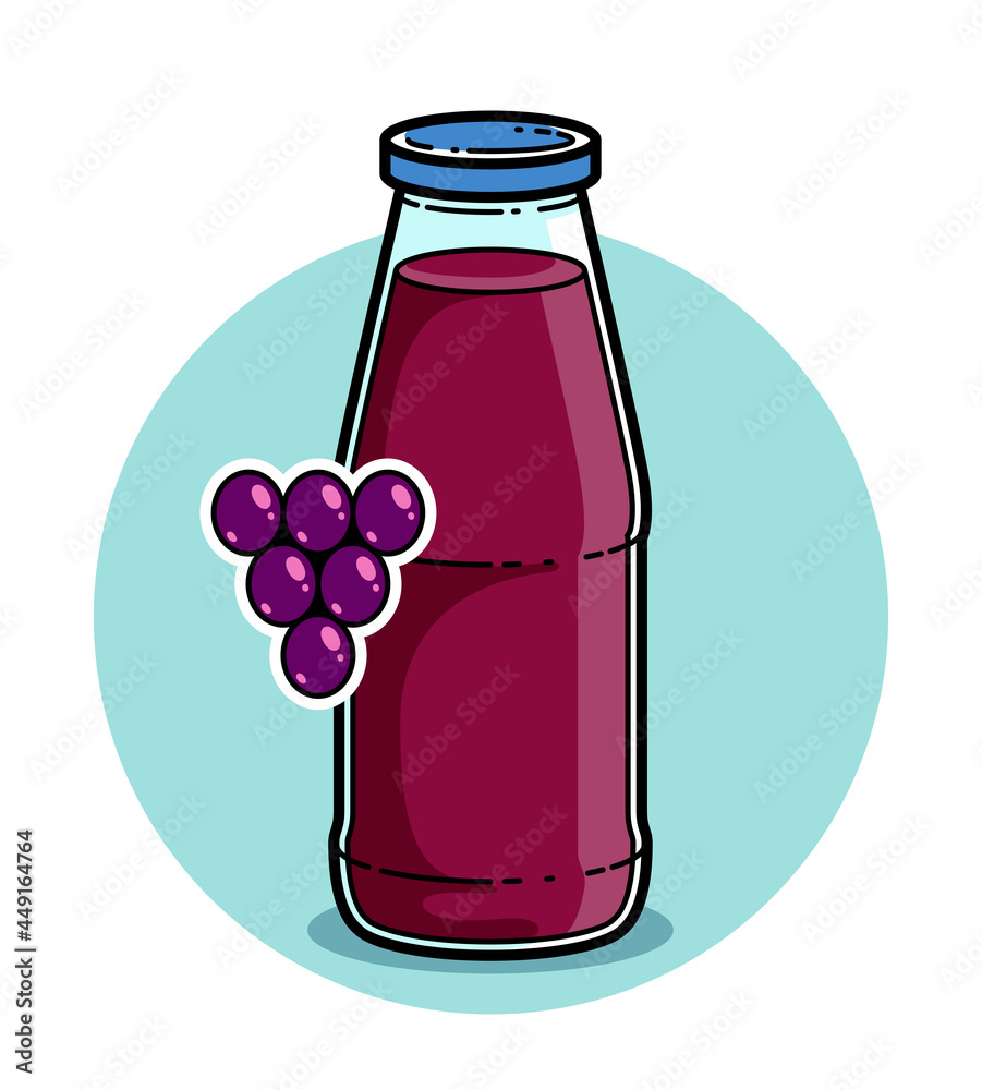 Obraz premium Grape juice in a glass bottle isolated on white background vector illustration, cartoon style logo or badge for pure fresh juice, diet food beverage delicious and healthy.