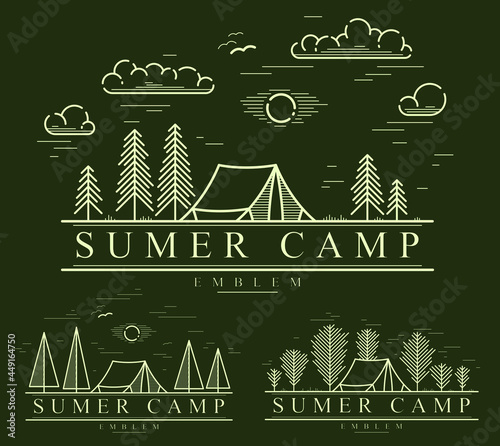 Camping tent in pine forest vector linear emblem on dark, holidays and vacations in woods theme line art drawing, design wanderlust logo.