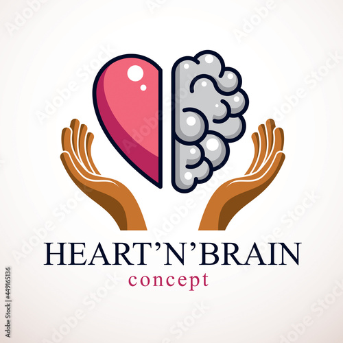 Heart and Brain concept, conflict between emotions and rational thinking, teamwork and balance between soul and intelligence. Vector logo or icon design.