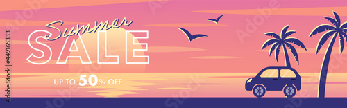 vector background with sunset on the beach with palms and a car for banners, cards, flyers, social media wallpapers, etc.