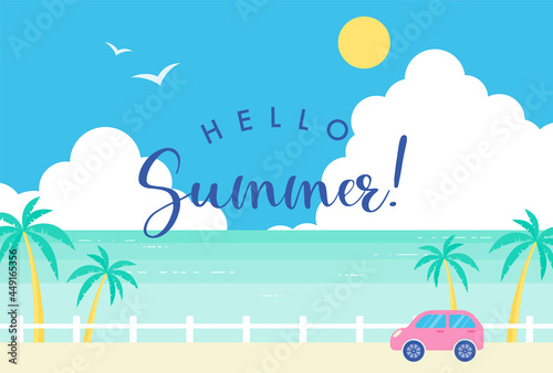 vector background with a car driving along the coast in summer for banners, cards, flyers, social media wallpapers, etc.