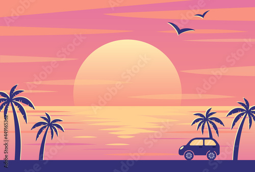 vector background with sunset on the beach with palms and a car for banners, cards, flyers, social media wallpapers, etc.