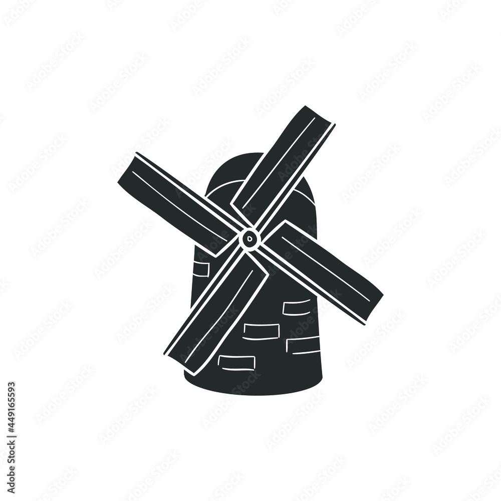 Windmill Icon Silhouette Illustration. Traditional Agriculture Vector Graphic Pictogram Symbol Clip Art. Doodle Sketch Black Sign.