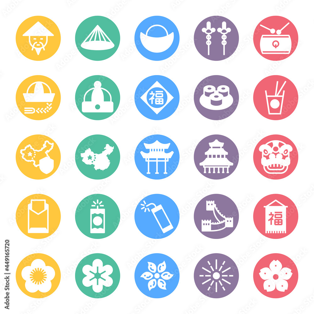 Circle color glyph icons for chinese culture.