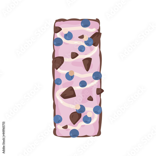 Pink muesli bar with chocolate pieces and blueberries in cartoon style, healthy homemade strawberry snack. An organic dessert for vegans. Sports nutrition. Vector isolated on white background.