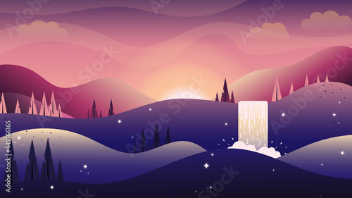 winter landscape, waterfall vector, sunset, mountain lake, flat vector illustration of evening sky, mountains with sunlight, camping, summer evening, stars in the night sky © skadhi_art