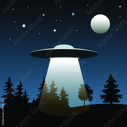 UFO and Aliens. Area 51. Aerial vehicle fly in the sky above the Earth or Mars. Newcomer from the Galaxy or Space 