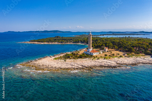 Aerial view of the old lighthouse of Veli Rat on the island of Dugi Otok, Croatia, beautiful seascape
