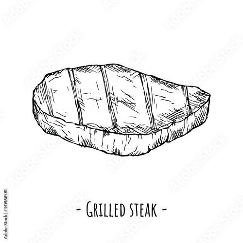 Grilled steak. Vector illustration. Isolated object on white. Hand-drawn style. © AlekseiMuravev