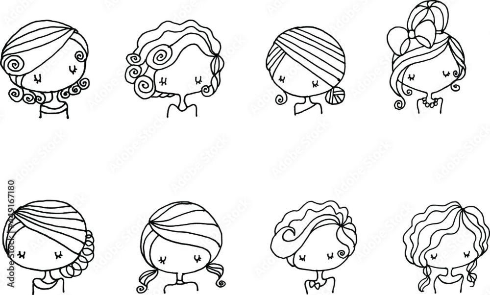 Black and white vector illustration cartoon girl hairstyle series Black and white vector illustration cartoon girl hairstyle series