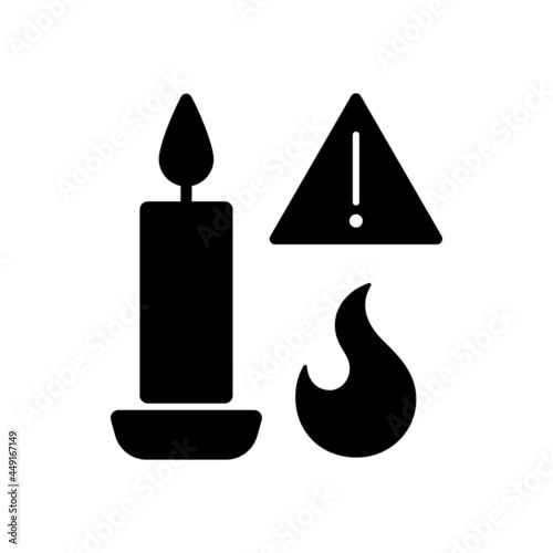 Fire danger from candles black glyph manual label icon. Prevent flame from reaching flammable surfaces. Silhouette symbol on white space. Vector isolated illustration for product use instructions