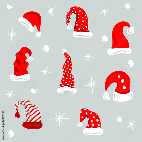 Collection of red christmas hats. Isolated Christmas holiday vector decoration illustration