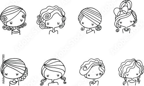 Black and white vector illustration cartoon girl hairstyle series