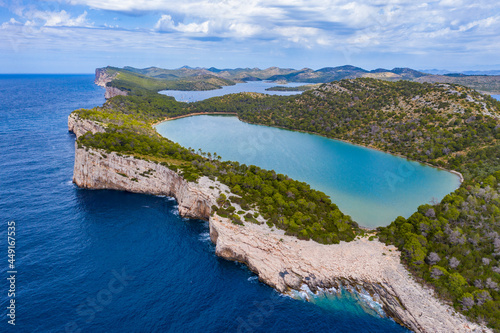 Cliffs above the sea on the shore of nature park Telascica, island of Dugi Otok, Croatia, spectacular seascape photo