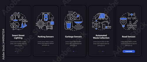 Smart city automatic management systems onboarding mobile app page screen. Walkthrough 5 steps graphic instructions with concepts. UI, UX, GUI vector template with linear night mode illustrations