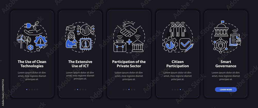 Smart city methods onboarding mobile app page screen. Smart governance walkthrough 5 steps graphic instructions with concepts. UI, UX, GUI vector template with linear night mode illustrations