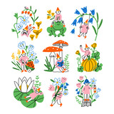 Garden gnomes secret life, vector illustrations set