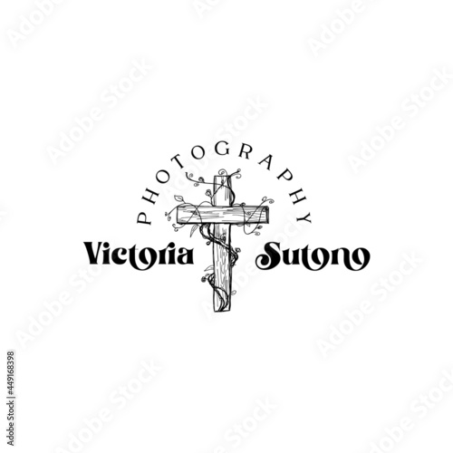 line art cross with aesthetic vines for photography and religious logos